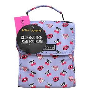 Betsey Johnson Insulated Lunch Tote Lavender Cherry Lip Print XOX Betsey Hearts